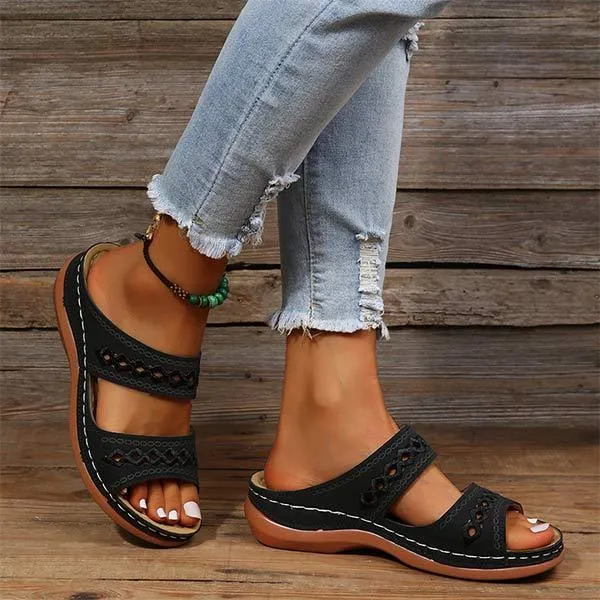Women'S Vintage Round Toe Wedge Comfort Slippers 08926539C