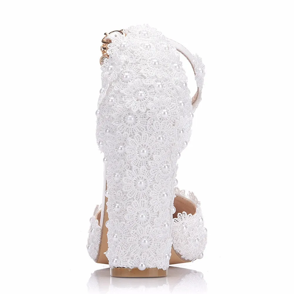 Women's white lace ankle strap chunky high heels wedding shoes