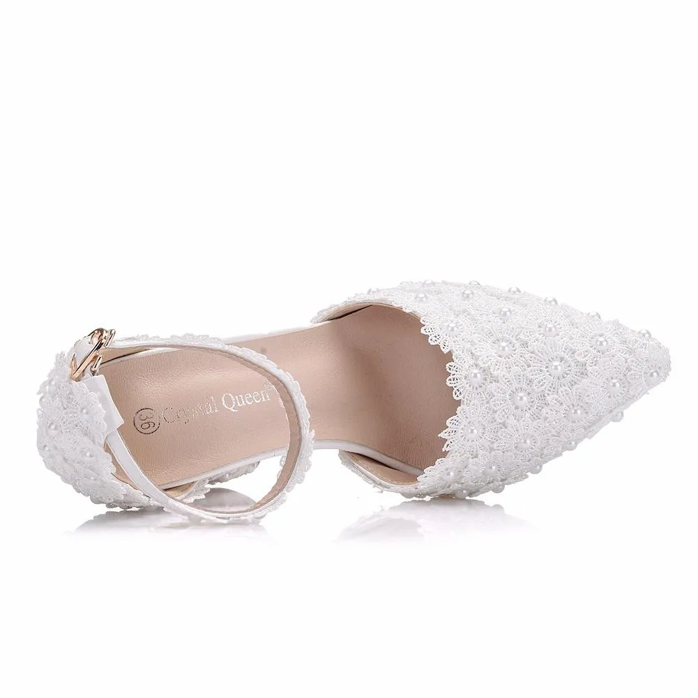 Women's white lace ankle strap chunky high heels wedding shoes