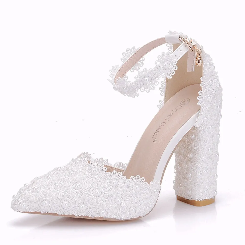Women's white lace ankle strap chunky high heels wedding shoes