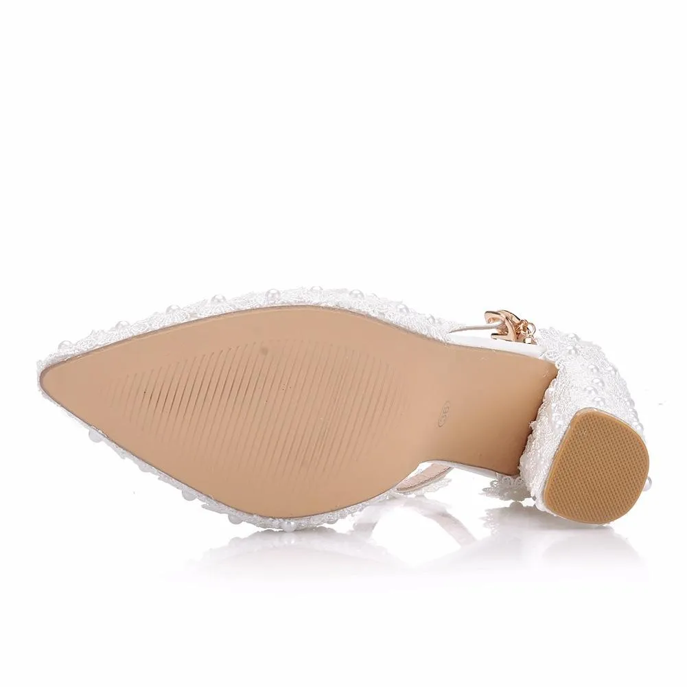 Women's white lace ankle strap chunky high heels wedding shoes
