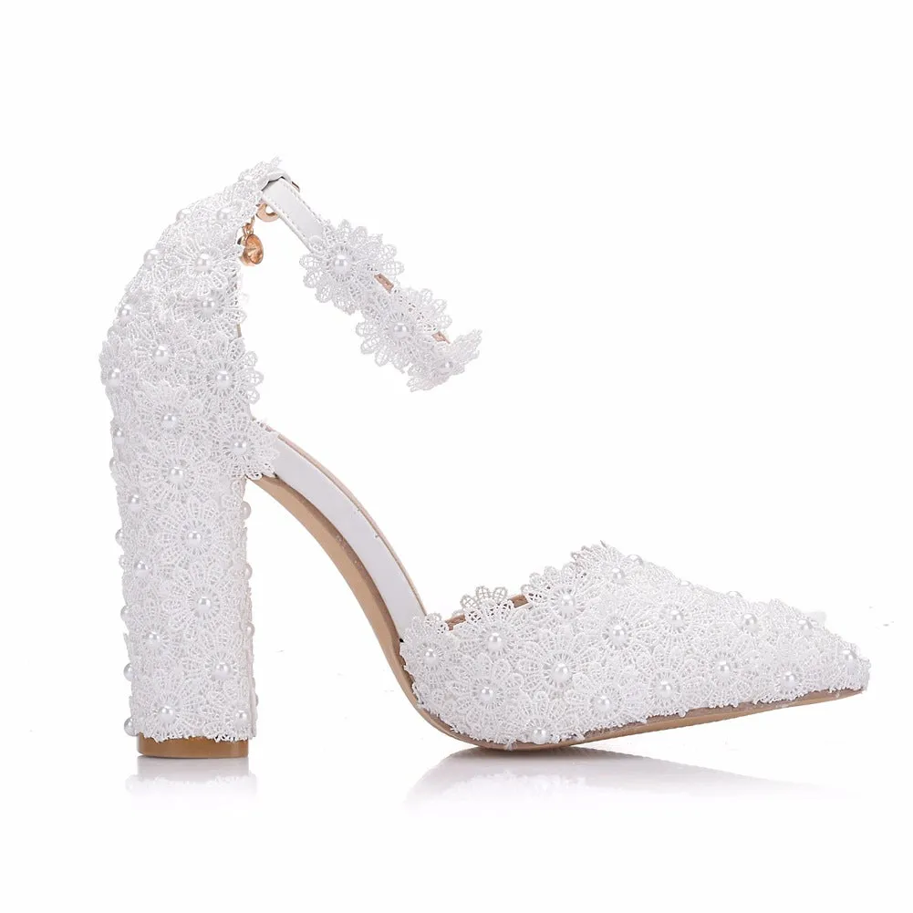 Women's white lace ankle strap chunky high heels wedding shoes