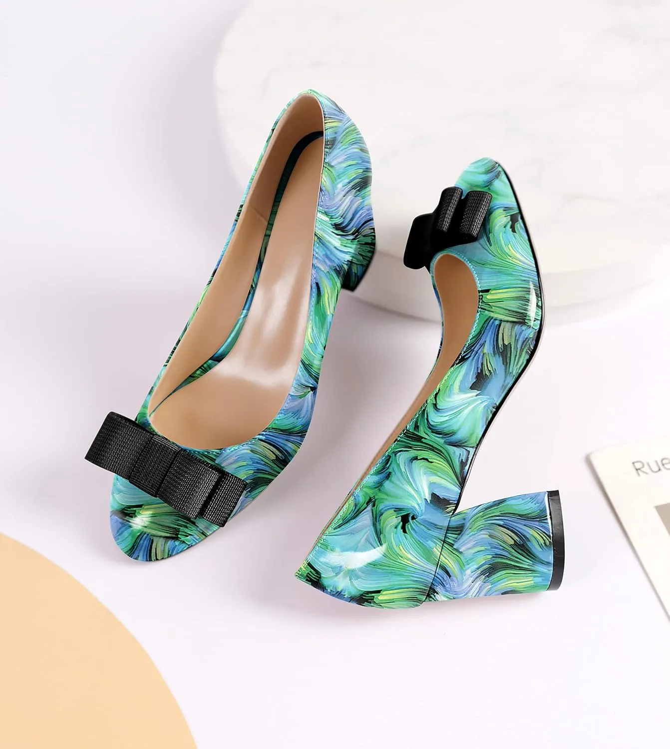 YODEKS Women Low Block Chunky Heels Round Toe Sexy Slip On Pumps 2.5 Inch Mid Heel Elegant Black Bow Comfort Shoes