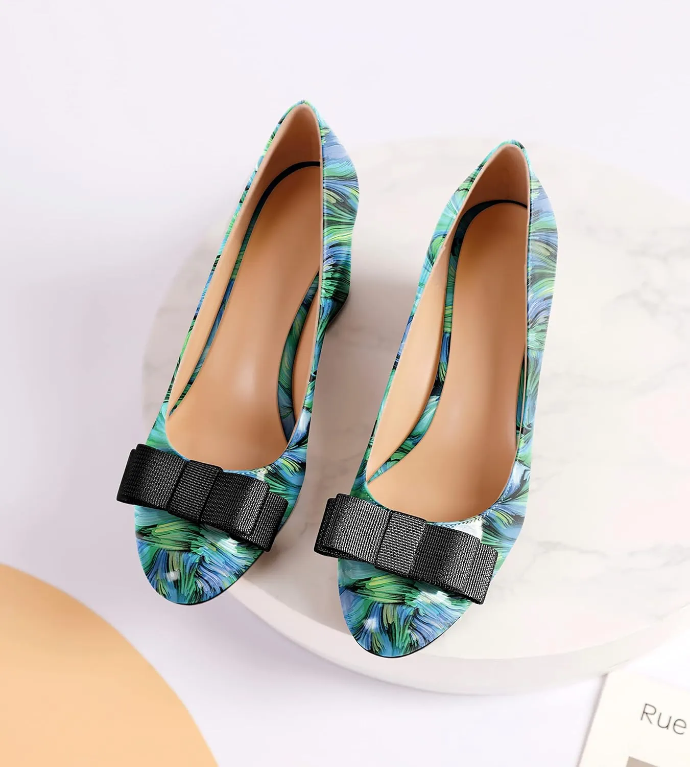 YODEKS Women Low Block Chunky Heels Round Toe Sexy Slip On Pumps 2.5 Inch Mid Heel Elegant Black Bow Comfort Shoes